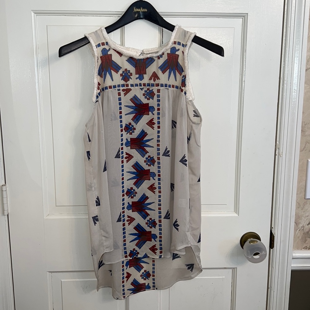 Sea Cream Tank Top with Blue and Red Geometric Embroidery